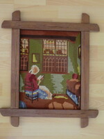 Tapestry of a woman reading in front of a window in an antique original frame 30x40 cm + frame