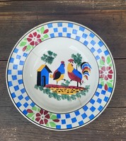 Wilhelmsburgi kézzel festett fali tányér, kakas, tyúk
