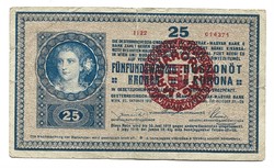 25 korona 1918 apró betűs sorszám 2000 alatti hullámos hátlap Magyar bélyegzés RITKA.