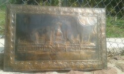 Budapest, parliament building on a bronze surface, worked on a wooden board
