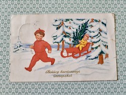 Old Christmas card sledding children postcard
