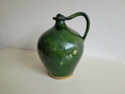 Old antique large size green glazed folk handle vintage earthenware pot jug