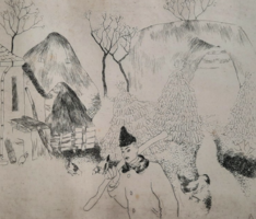 Zoltán Pohárnok etching (20x22 cm) life on the farm, peasant figure, village life