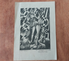 Károly Várkonyi mime art art print, lithograph 21x29 cm personal signature.
