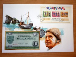 Bankjegyes és bélyeges boríték 1985 Feröer-szigetek 10 Kronur 1949-74 UNC