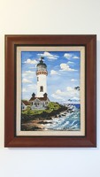 Oil painting on wood.. Signed, beautiful picture. Sea with lighthouse.
