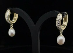 Showy true pearl zircon gemstone, sterling silver earrings 925 14k gold-plated / - new