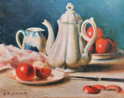Afternoon tea with apples (oil, framed 24x29 cm) z. A. Satwarie - charming still life