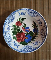 Antique wall plate with hand-painted flower pattern, ethnographic, hard tile