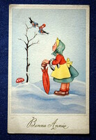 Art deco Újévi grafikus üdvözlő képeslap kisleány esernyő gomba szerelmes madarak