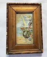 Old oil painting with a sailing iron cat, in a thick golden wooden frame