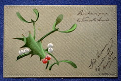 Antique New Year's greeting hand painted ? Postcard mistletoe holly