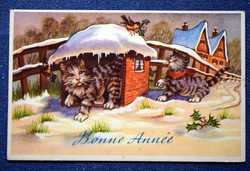 Art deco grafikus Újévi üdvözlő képeslap  cicák havas ház