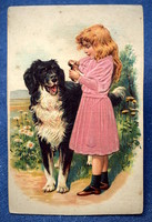 Antik dombornyomott üdvözlő litho képeslap selyem ruhás kisleány bernáthegyi kutyával