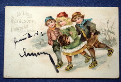 Antik Karácsonyi üdvözlő litho képeslap   korcsolyázó gyerekek 1900ból