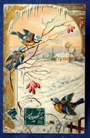 Antik szecessziós dombornyomott arany hátterű üdvözlő litho képeslap cinkék télen