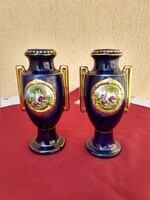 Antik Hollóházi Riolit váza pár,zsáner jelenetes festéssel,,19 cm.