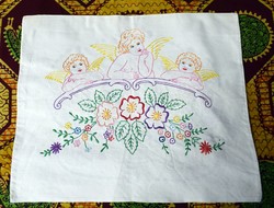 Hímzett kétoldalas díszpárna huzat angyal , virágkosár , lányok 48 x 38 cm