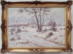 VERESS ZOLTÁN (1868-1935) téli tanyasi tájkép a 19. század végéről