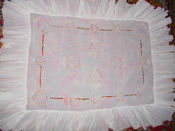 --Antique batik tablecloth with openwork madera embroidery, ruffled lace border