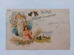 Régi húsvéti képeslap 1900 levelezőlap angyal harang trombita