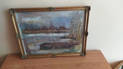 Very well painted waterfront (boat) aquarell painting 43x33 cm with frame
