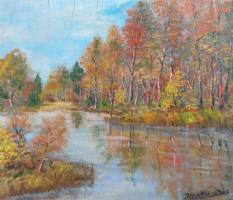 Autumn pond (oil, 26x30 cm) Bernáth ... Labeled - water landscape