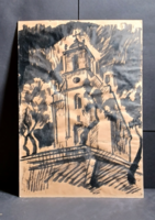 Z. Kovács: Church tower (45x32 cm) ink drawing