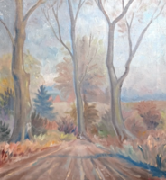 Forest road (oil, canvas, 45x42 cm) with an unidentified sign, 