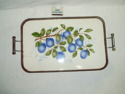 Antique porcelain, earthenware tray with plum pattern in a metal frame - Czechoslovakia