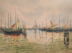Harbor Scene (watercolor, 38x47 cm) with 'De Battista' signature - sailing, sailboat, sea