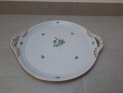Herendi zöld virágmintás porcelán süteményes kínáló tál