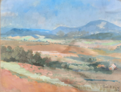 Tóth b. László panoramic landscape (tempera, 1956, 40x49 cm) mountains in the distance