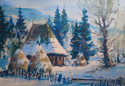 Hut on the snowy mountaintop (50x70 cm) 1980