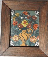 Glass painting in a thick wooden frame - flower still life