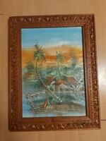 Oriental style painting, oil on canvas, in a beautiful carved wooden frame