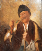 HORVÁTH G. ANDOR: Pipázó paraszt (olaj, karton, 26x22 cm) népi viselet, Lotz Károly tanítványa