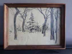 ! Téli erdő - téma, vázlat -  ceruzarajz szignó nélkül - 060