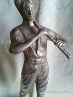 Large bronze v. Copper flutist boy sculpture very wide