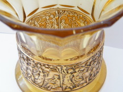 Moser vagy moser jellegű aranyozott díszes borostyán színű váza