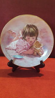 Little girl decorative plate with a kitten, children's porcelain plate (m2587)