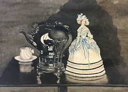 Tea baba,és kiöntő,akvarell,ism.festő,kerettel : 47 x 61 cm