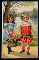 Antik grafikus Újévi üdvözlő litho képeslap kisleányok rózsakosárral   vágott lap