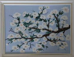(K) Virágzó faág szép festmény 45x35 cm kerettel kartonra kasírozott vászonra festve.