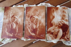 3 db antik szépia romantikus képeslap/fotólap álmodozó hölgy, úr cigarettával 1927