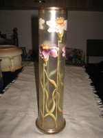 Szecessziós kézi festésű  ,  üveg váza   , hibátlan  , gyönyörű állapot   9,5 x 33  cm