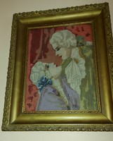 Antique romantic tapestry picture with Franz Hoffmann picture frame 40x60 cm