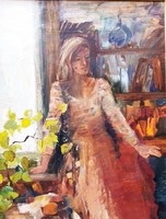 Erzsébet Horváth (1926-2021) lady in interior, gallery painting