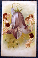 Antik grafikus üdvözlő litho képeslap  zenélő angyalkák  nagy harangvirág