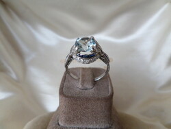 Art deco platinum ring with aquamarine, blue sapphire and brilliancy